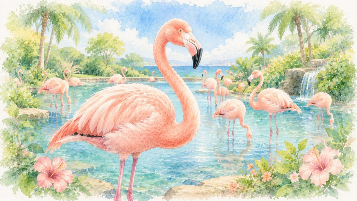 フラミンゴの群れがいる水辺の水彩イラスト