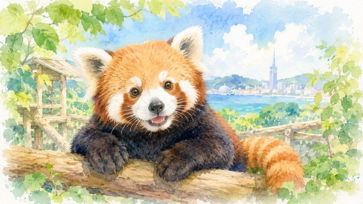 レッサーパンダが木の上でくつろぐ水彩イラスト