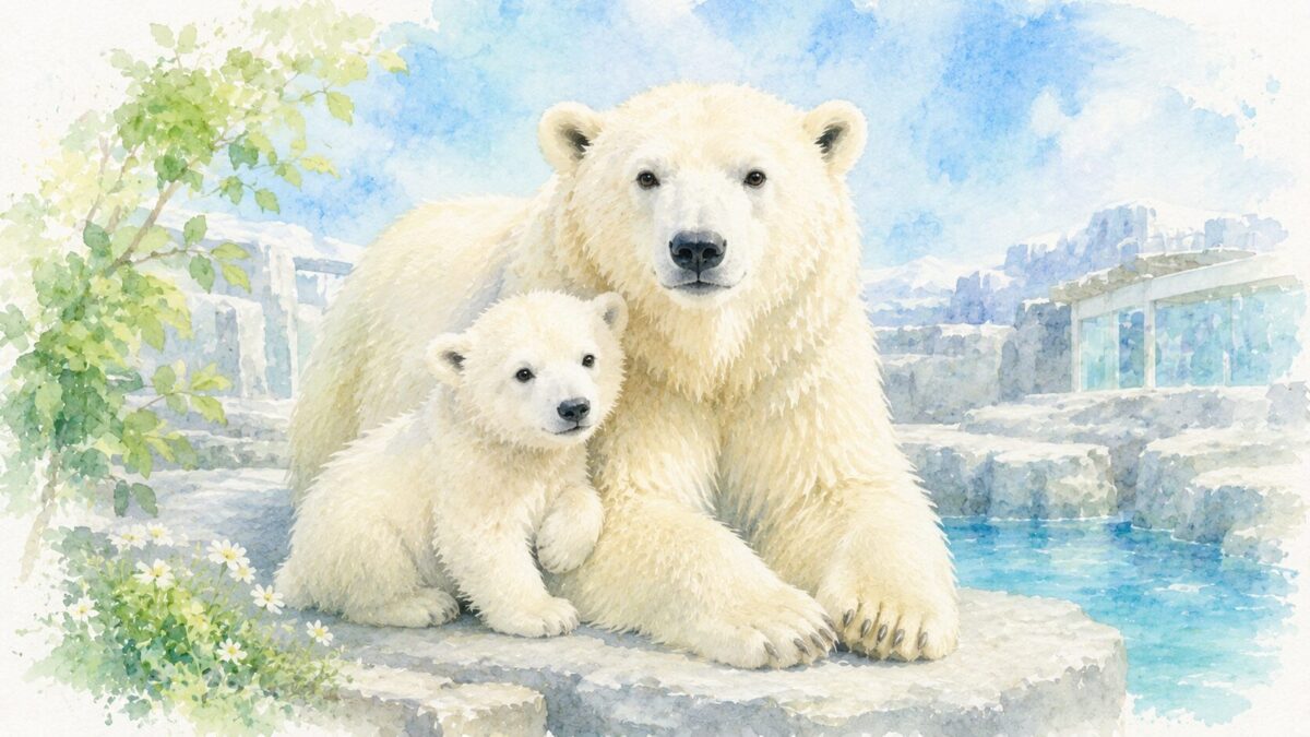 ホッキョクグマの親子がくつろぐ水彩イラスト