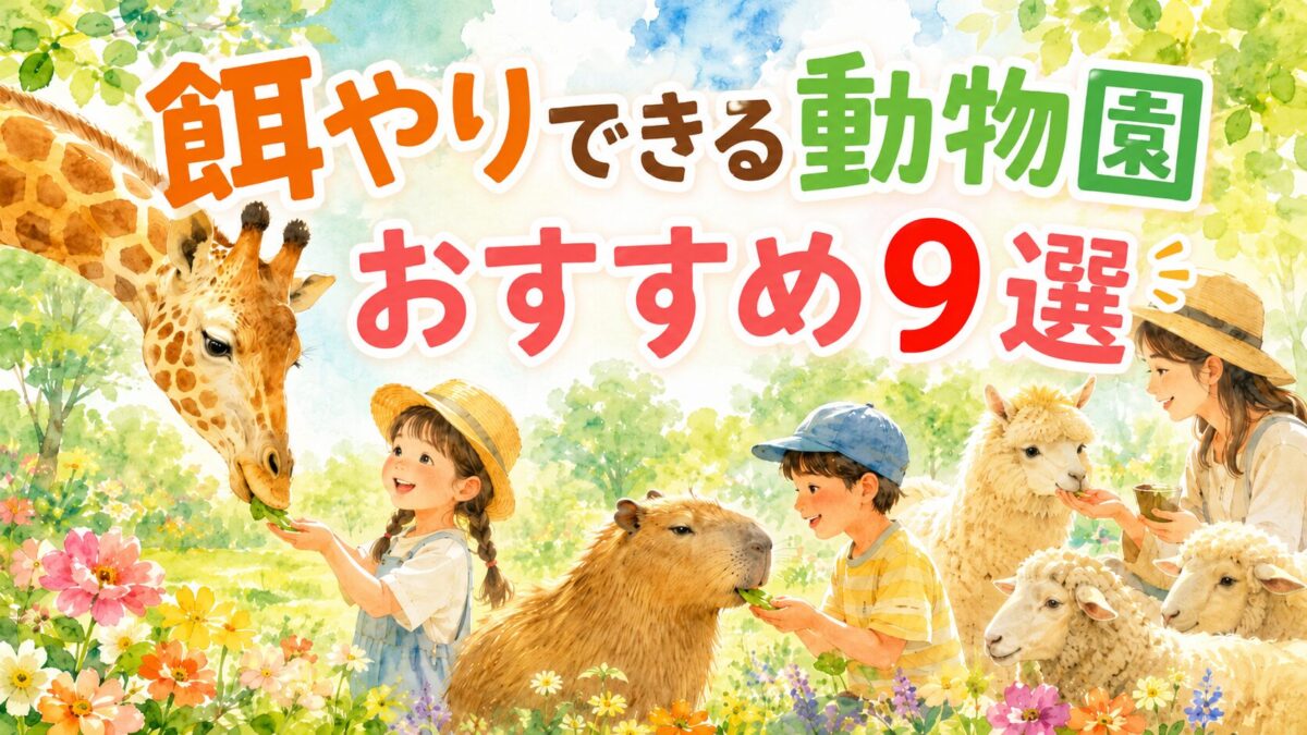 餌やり体験ができる動物園。キリンやカピバラ、アルパカ、ヒツジに子どもがエサをあげるイメージイラスト