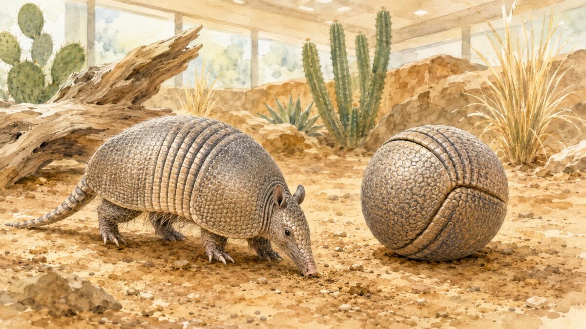 土の上を歩くアルマジロと、ボールのように丸まったアルマジロ。動物園の展示のイメージイラスト