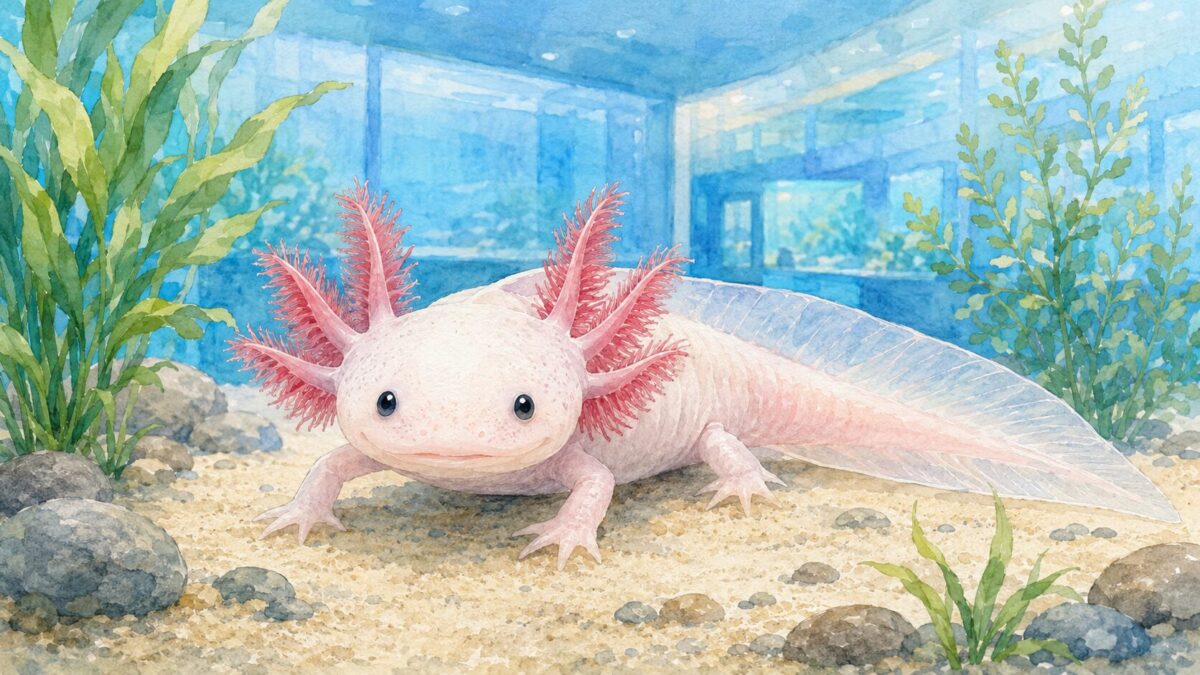 水そうの砂の上にすわる白いウーパールーパー。赤いえらの房が見える水族館展示のイメージイラスト