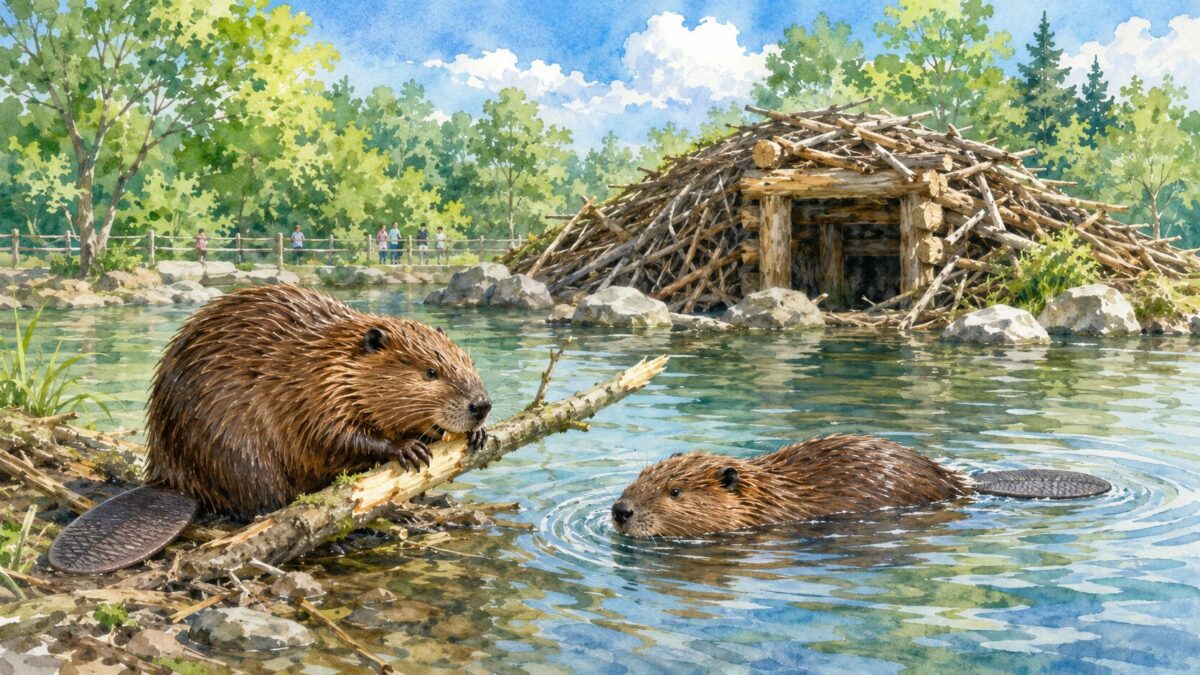 水辺で木のえだをかじるアメリカビーバーと、およぐビーバー。動物園の水辺展示のイメージイラスト
