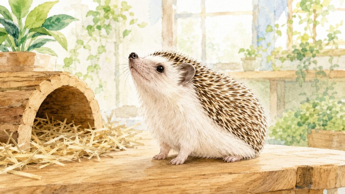 木のテーブルの上で鼻を上げるヨツユビハリネズミ。ふれあい施設のイメージイラスト