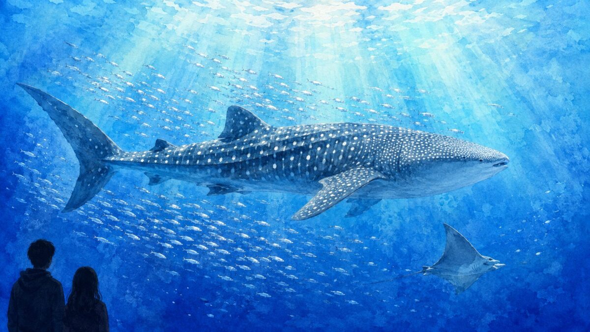 大水槽を泳ぐジンベエザメと魚の群れを見上げる親子。水族館の割引情報を紹介する記事のイメージイラスト