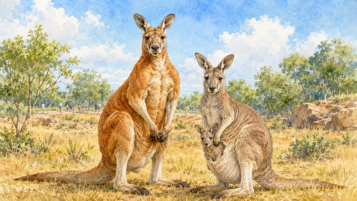 草地にすわるアカカンガルーと、育児のうから顔を出す子どもを連れた母カンガルー。動物園のイメージイラスト