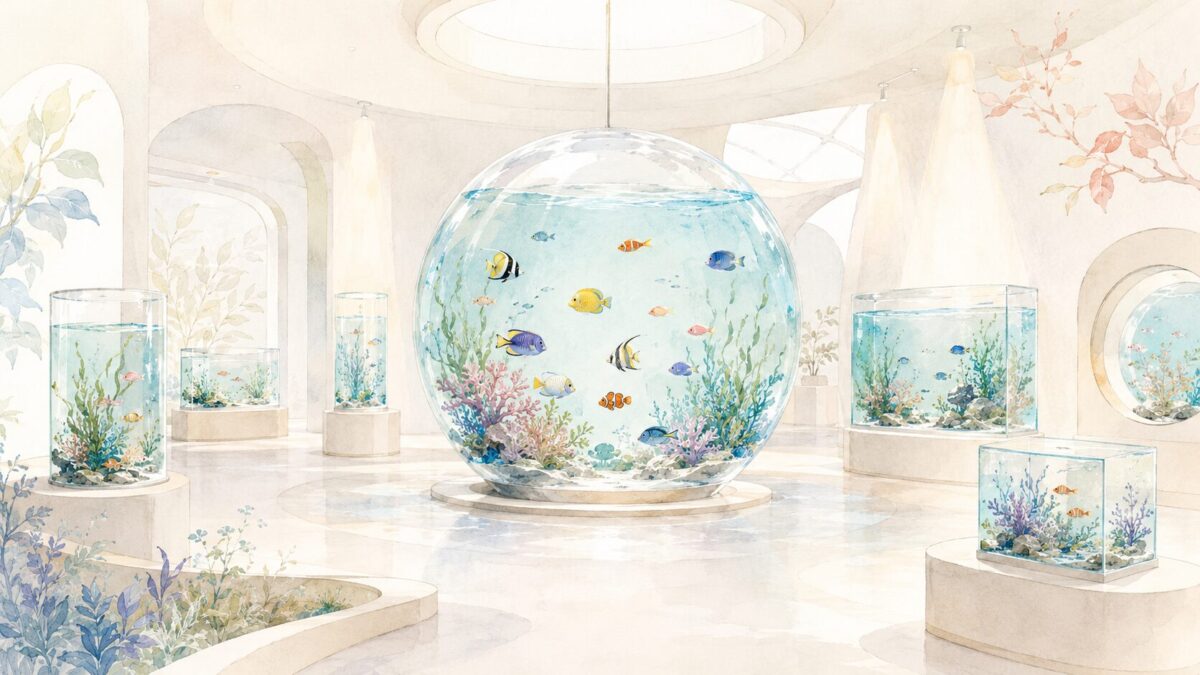 球形の水そうを中心にした明るい展示空間とカラフルな熱帯魚。ミュージアム型水族館の割引情報を紹介する記事のイメージイラスト