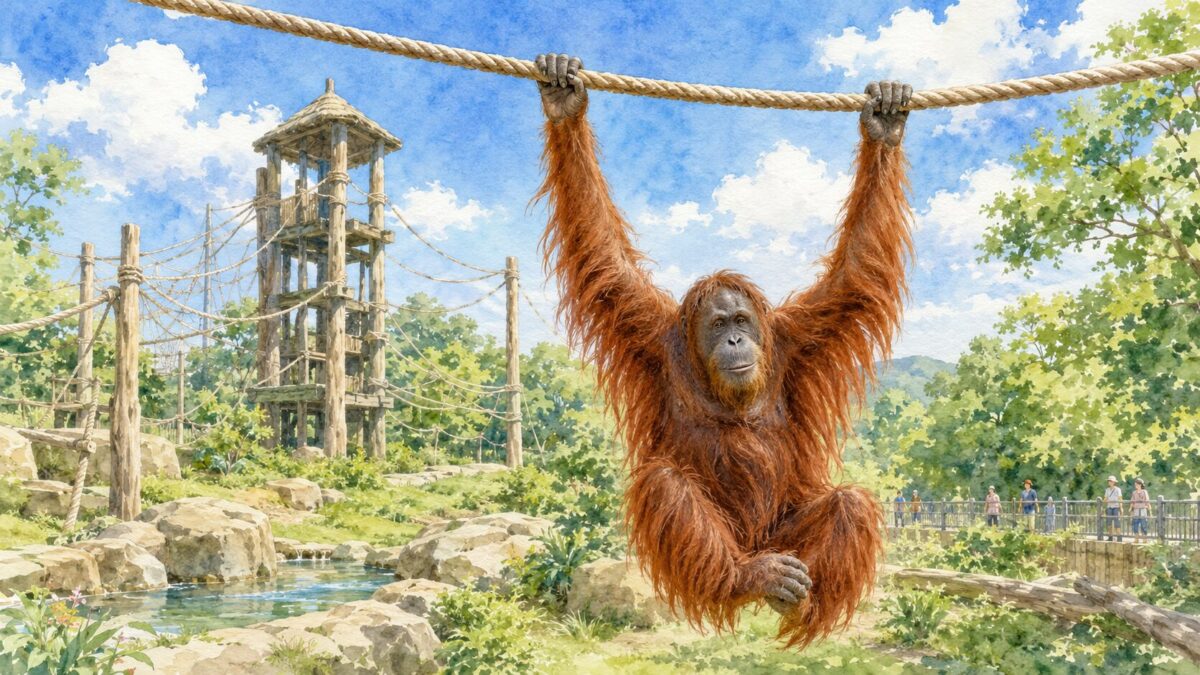 ロープにぶら下がる赤茶色のオランウータン。動物園の高い塔とロープ遊具のイメージイラスト