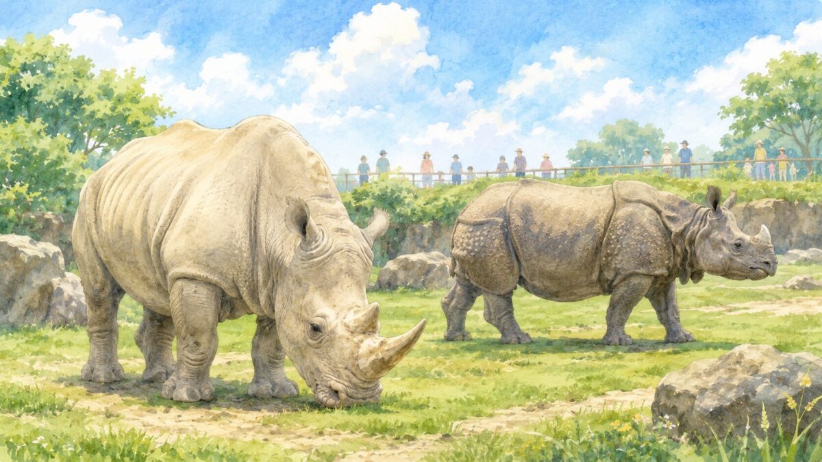 草地でくつろぐシロサイとインドサイ。動物園の広い放飼場のイメージイラスト