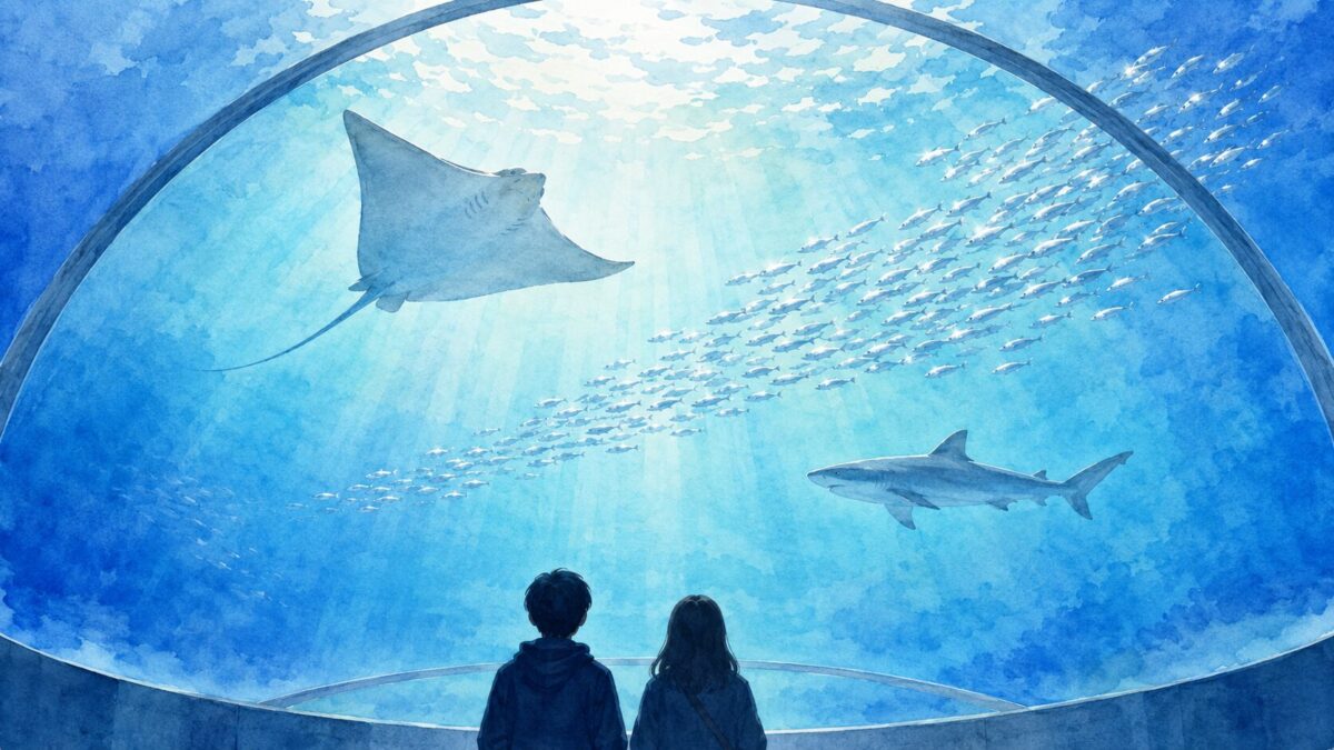 トンネル水そうを見上げる親子と、泳ぐエイ・サメ・魚の群れ。水族館の割引情報を紹介する記事のイメージイラスト