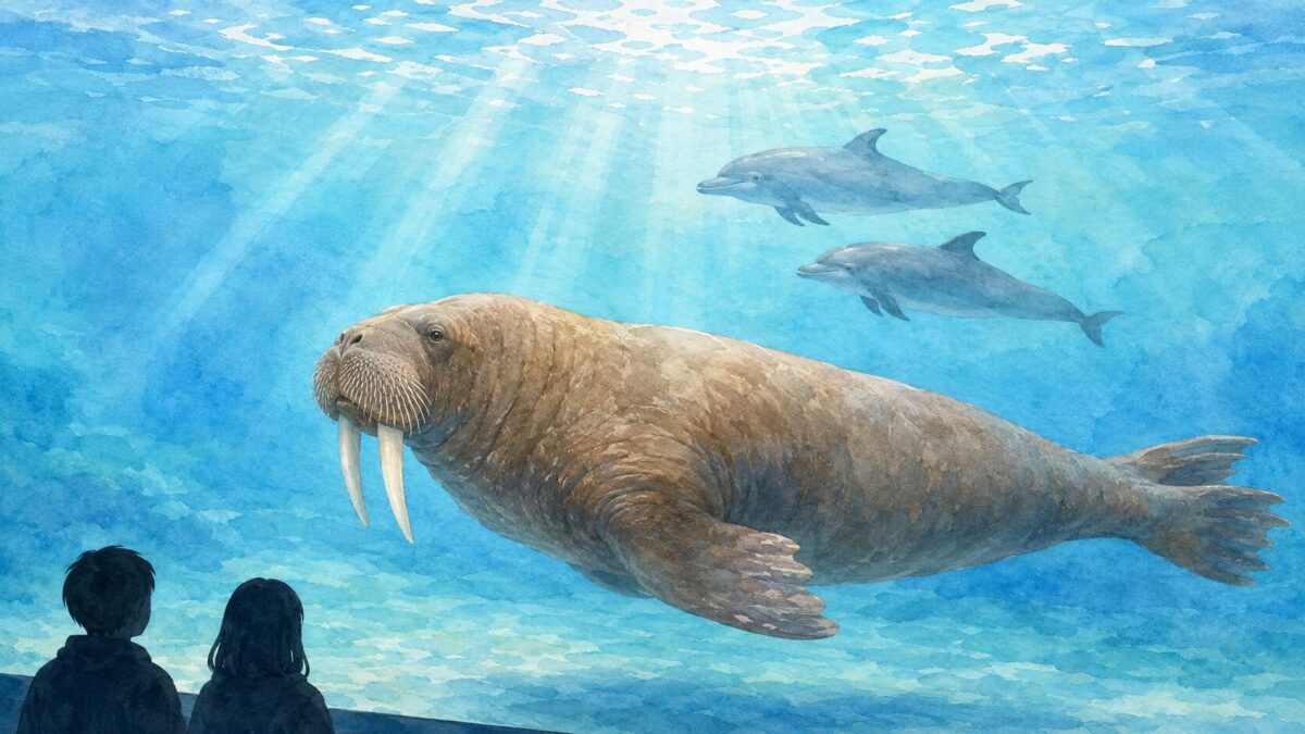 大水槽を泳ぐセイウチとバンドウイルカを見る親子。水族館の割引情報を紹介する記事のイメージイラスト