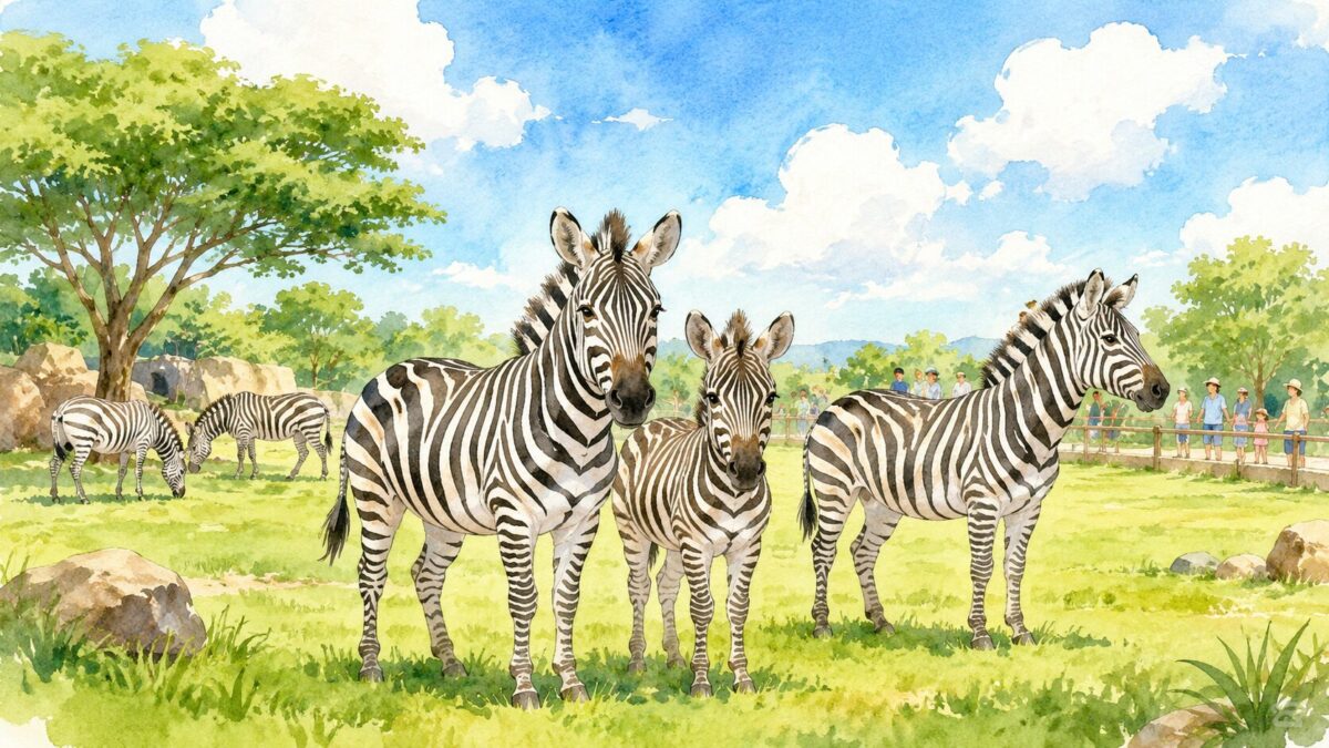草地にたたずむシマウマの群れ。動物園のサバンナ風放飼場のイメージイラスト