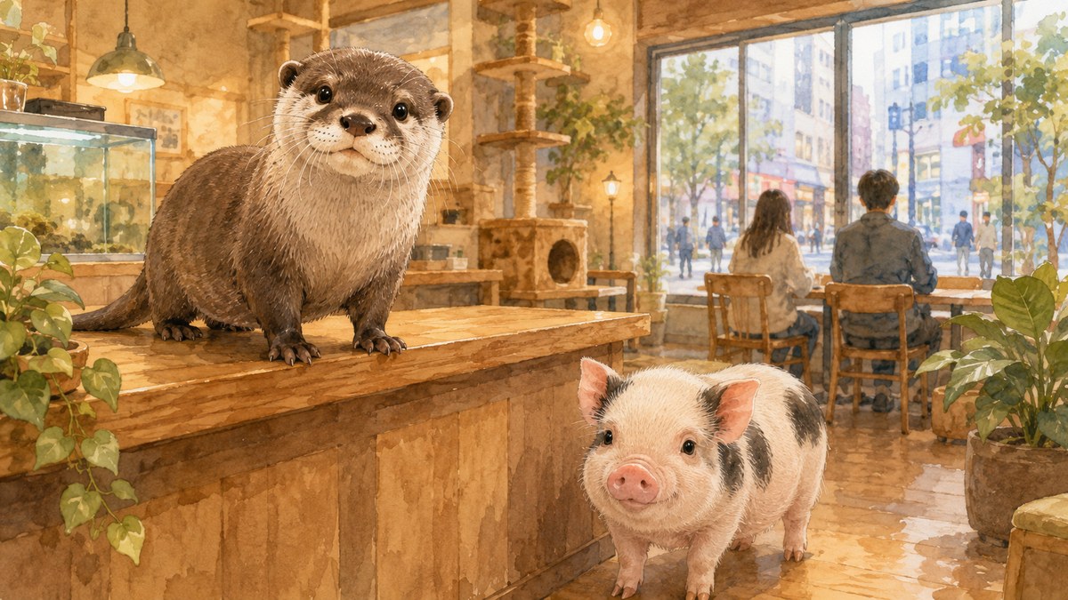 動物カフェのカウンターに立つコツメカワウソと床にいるマイクロブタ