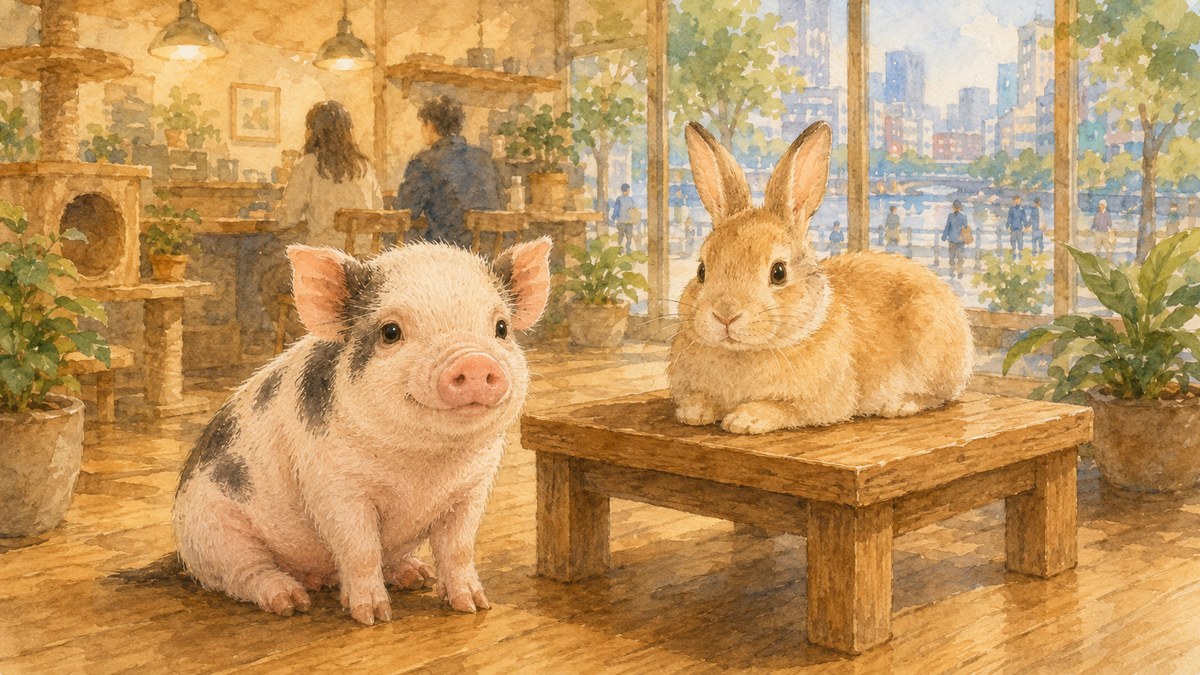 動物カフェの床にすわるマイクロブタと低いテーブルの上のうさぎ