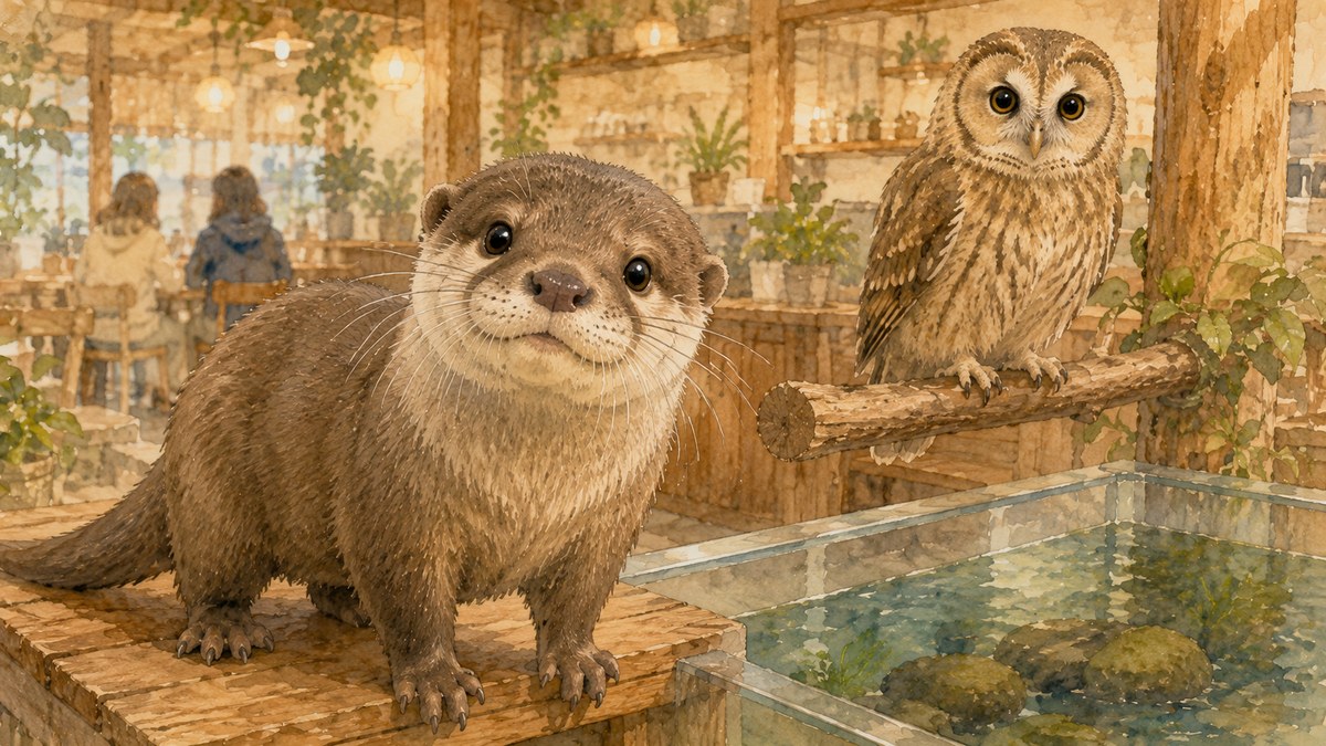 水彩画で描いた動物カフェの店内。水槽ぎわのコツメカワウソと止まり木のフクロウ