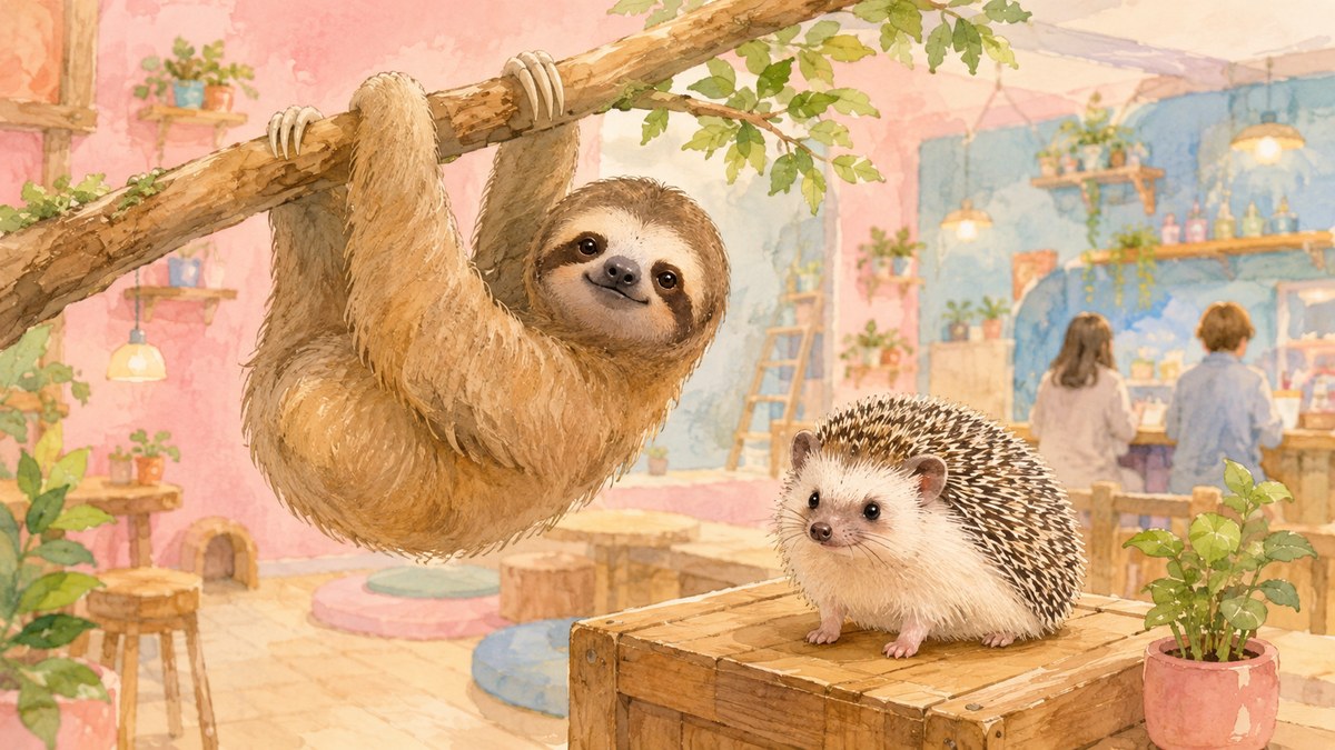 動物カフェの木の枝にぶらさがるナマケモノと木箱の上のハリネズミ