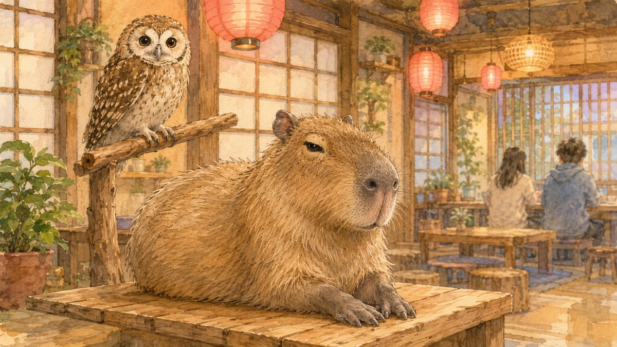 和風の動物カフェの木の台にくつろぐカピバラと止まり木のフクロウ