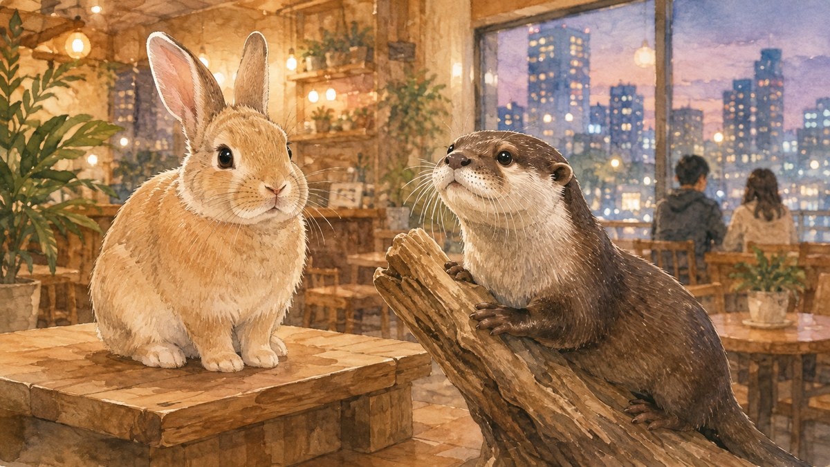 夕方の街を望む動物カフェの木の台にすわるうさぎと流木にのぼるコツメカワウソ
