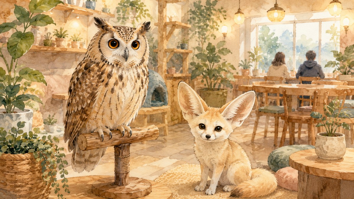 水彩画で描いた動物カフェの店内。とまり木のフクロウとフェネックギツネ