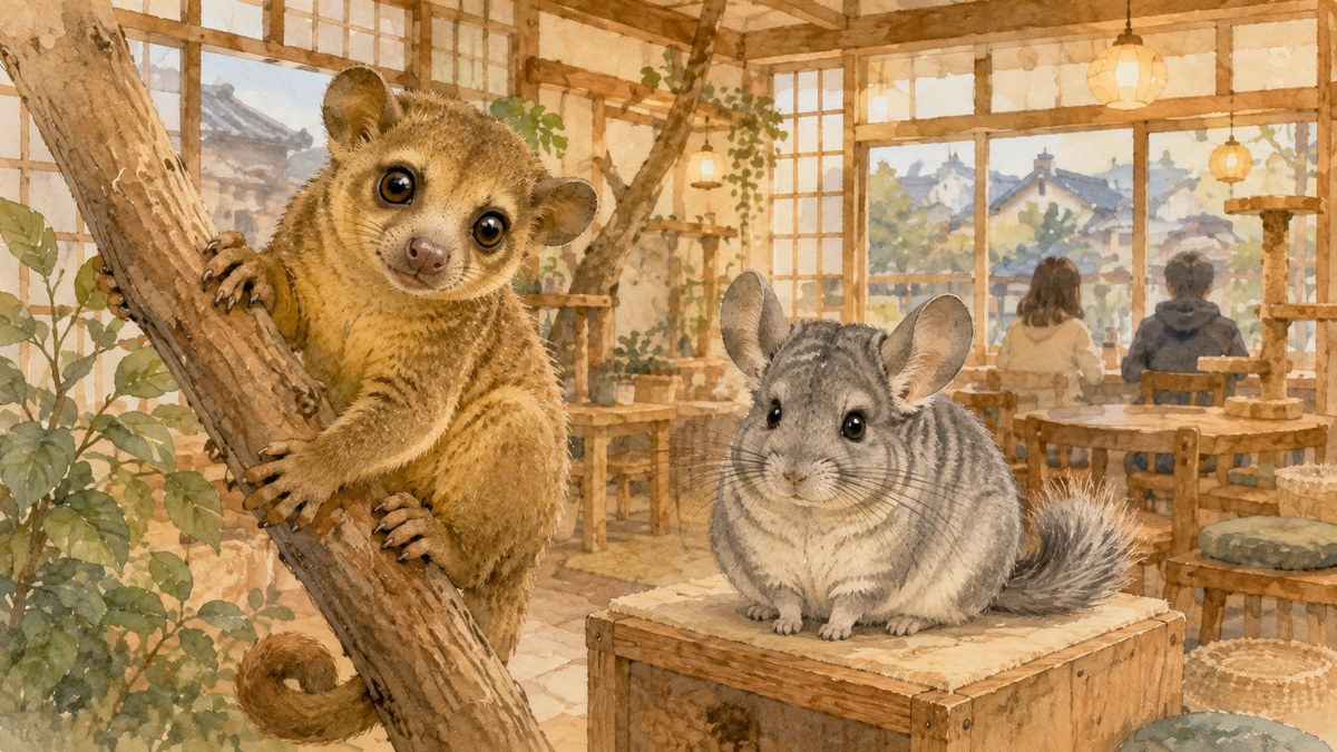 水彩画で描いた和風の動物カフェ。木の枝のキンカジューと木箱のチンチラ