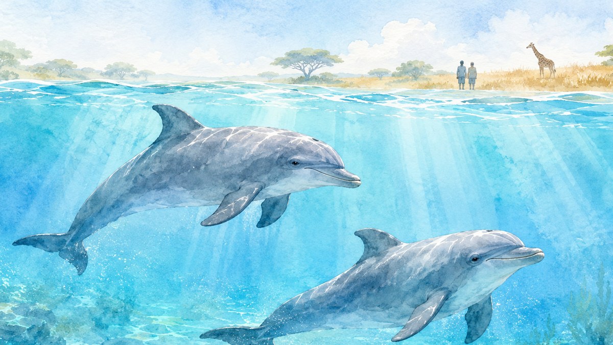 青い水の中を泳ぐ2頭のイルカと、奥のサファリにキリンが見える水彩画調のイラスト