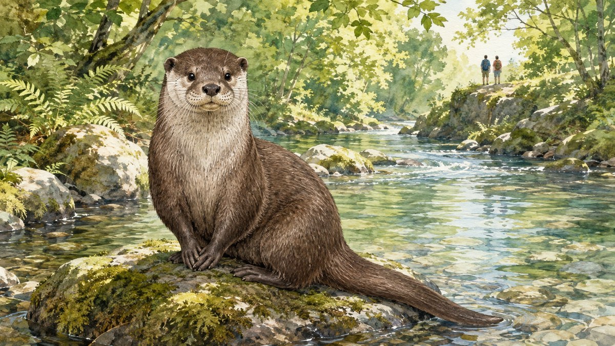 清流の岩の上に座るユーラシアカワウソと、遠くに見学する2人の来館者（水彩画調のイラスト）