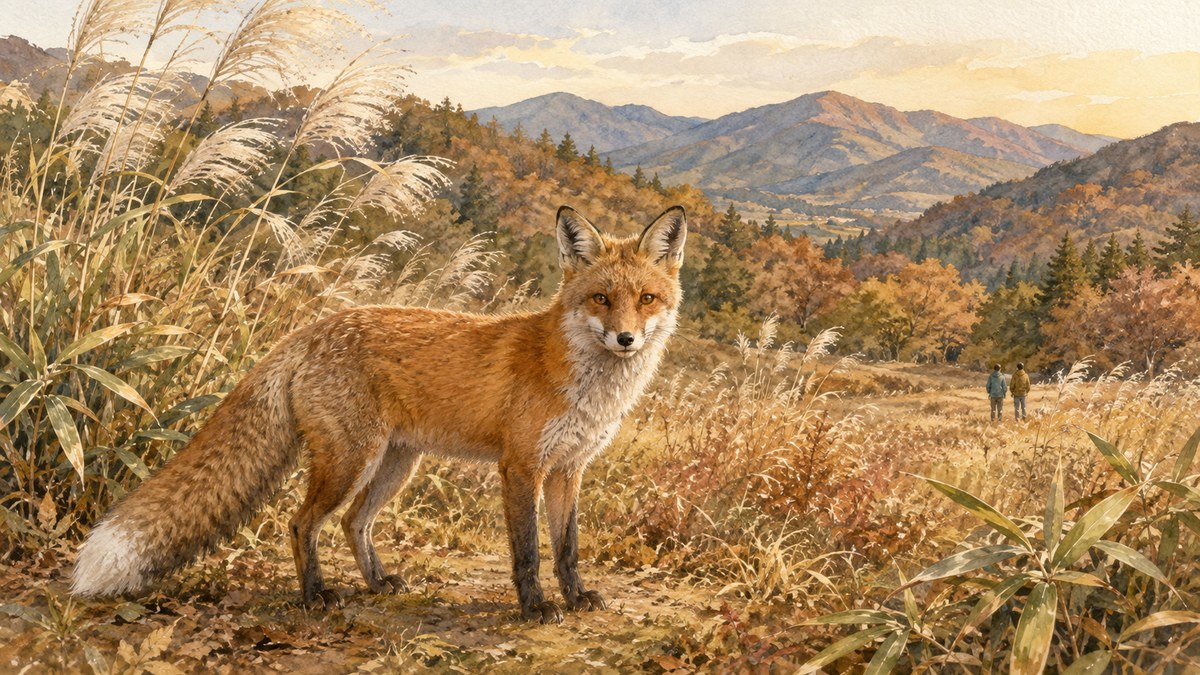秋の里山の草地に立つホンドギツネと、遠くに見学する2人の来園者（水彩画調のイラスト）