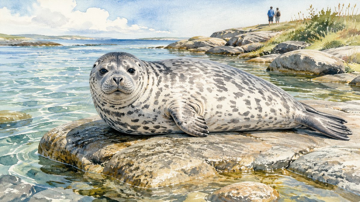 浅瀬の岩の上で寝そべるゴマフアザラシと、遠くに見学する2人の来園者（水彩画調のイラスト）