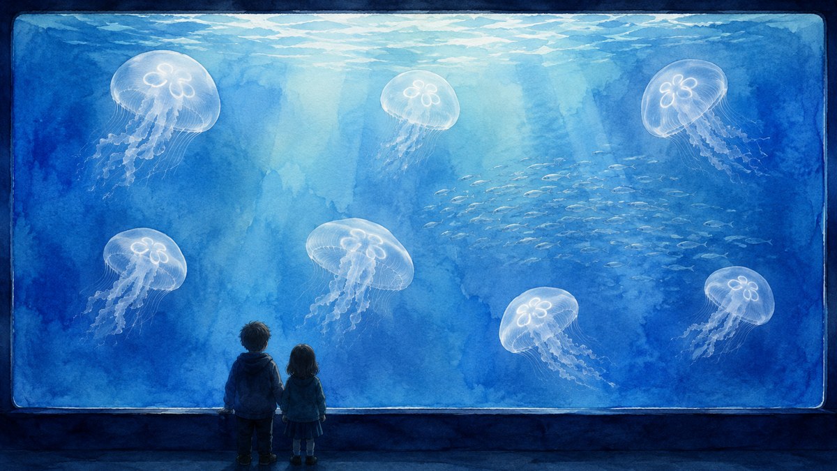 ミズクラゲが漂う大水槽を見上げる2人の子どもの後ろ姿（水彩画調のイラスト）