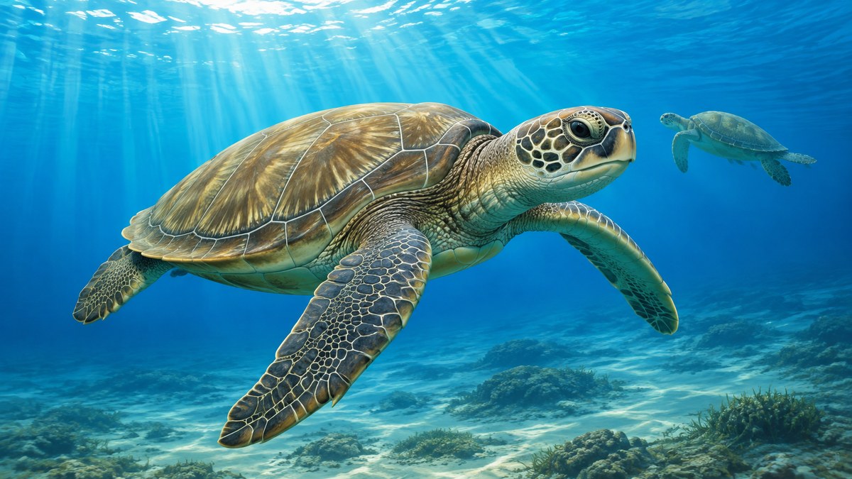 澄んだ海の中を泳ぐ2頭のアオウミガメのイラスト