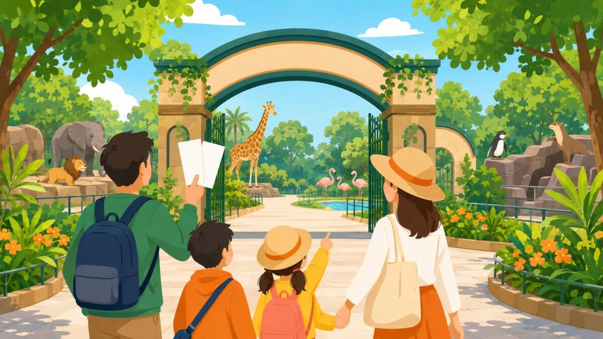 動物園の入園ゲートに向かう家族と、キリン・ゾウ・フラミンゴなどの動物のイラスト