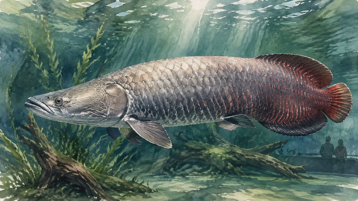 水草と流木のある水そうを泳ぐピラルクの水彩画イラスト