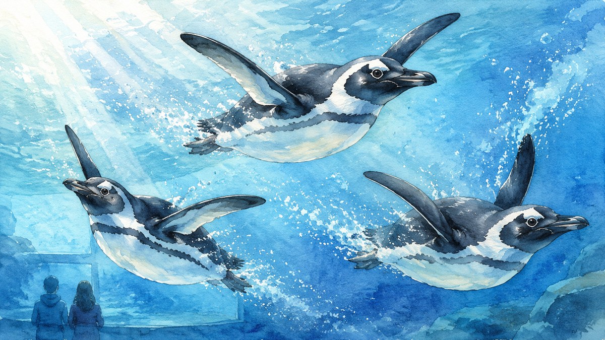 青い水そうの中を勢いよく泳ぐペンギンの水彩画イラスト