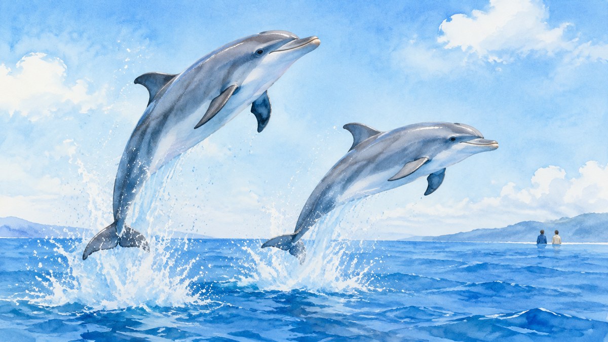 日本海の海面から跳ね上がる2頭のバンドウイルカの水彩画イラスト