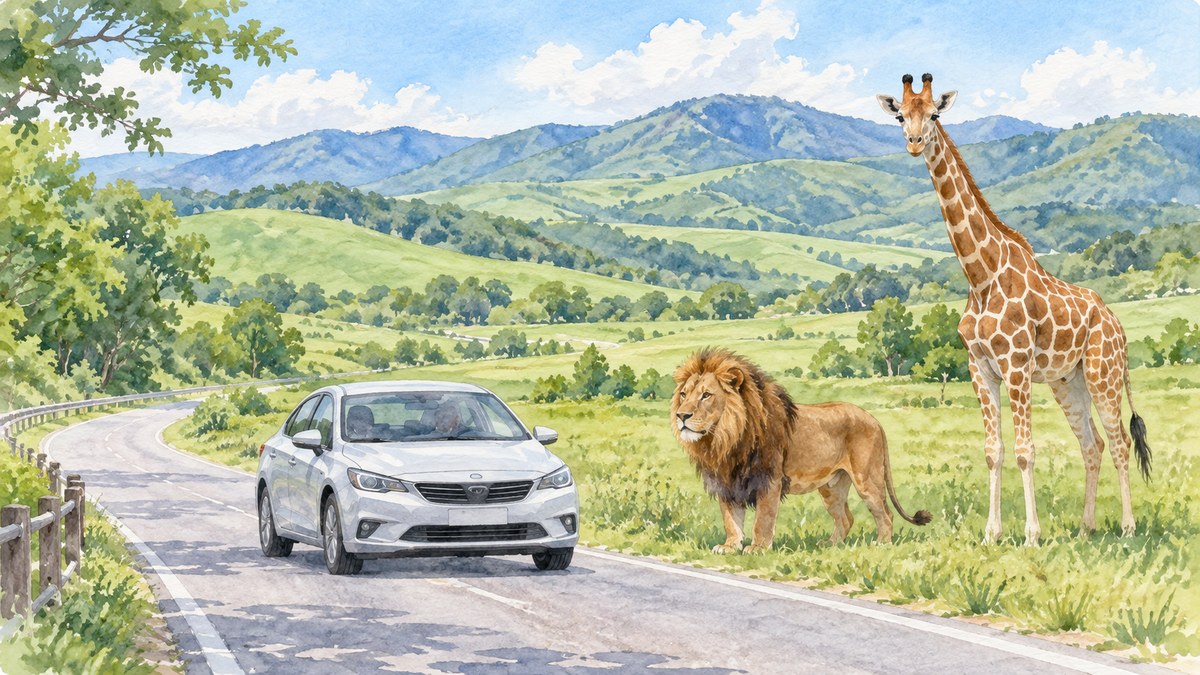 那須高原の草原にいるライオンとキリンのそばを、乗用車が走っている水彩画イラスト
