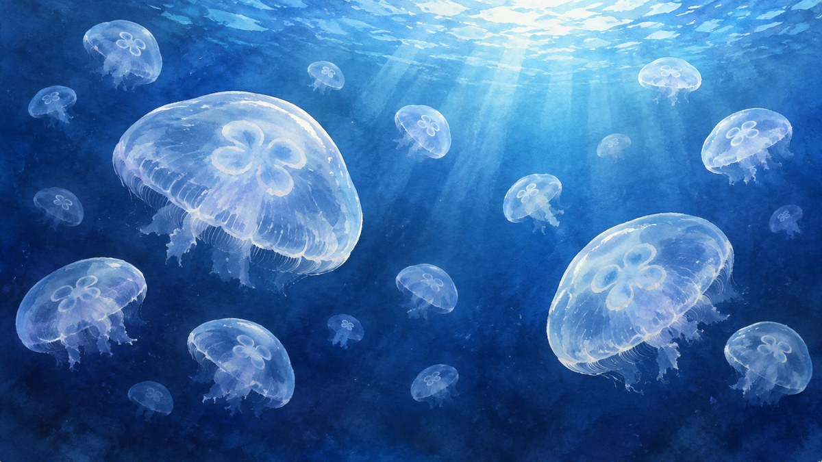深い青の海の中をただよう半透明のミズクラゲの群れを描いた水彩画イラスト