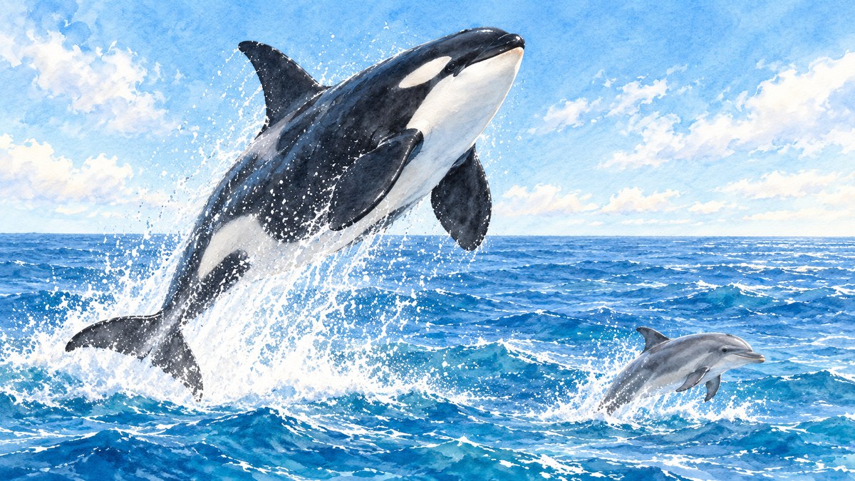 水彩画で描いた、海面から跳び上がるシャチと寄り添うイルカ