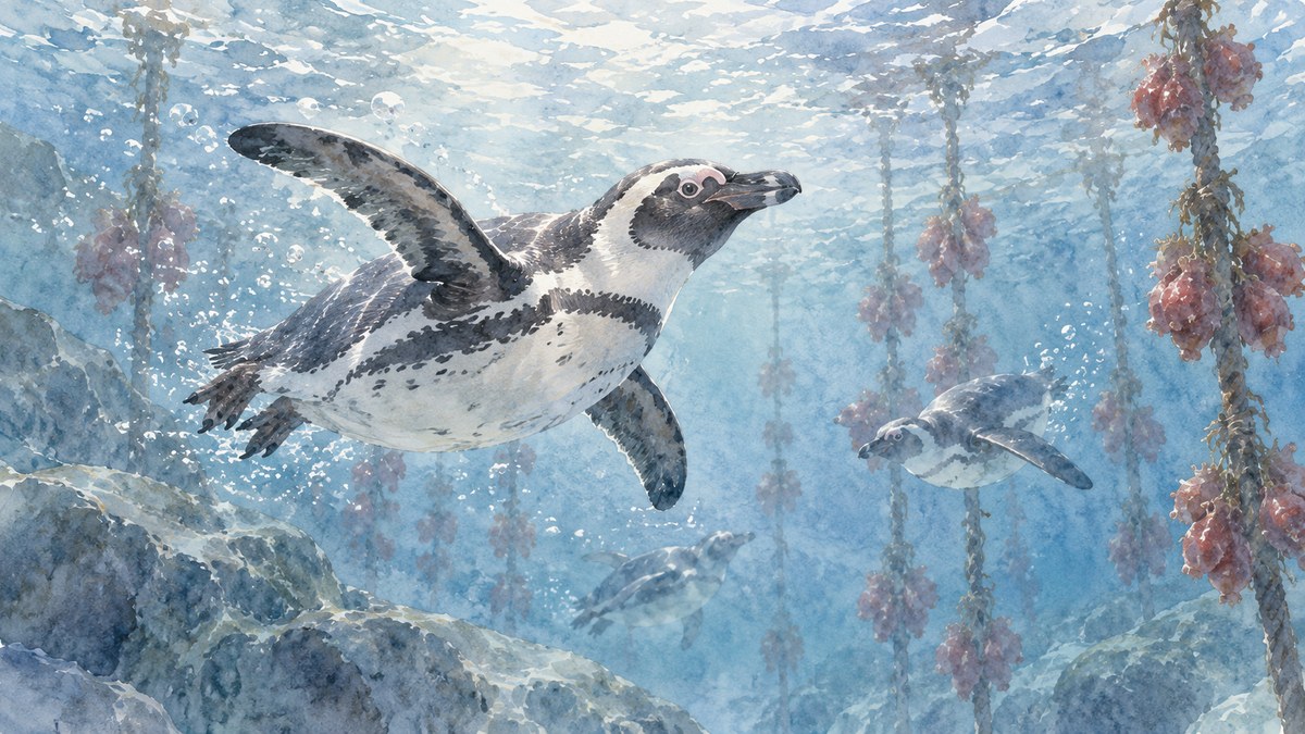 養殖ロープにホヤが連なる海の中を泳ぐケープペンギンを描いた水彩画イラスト