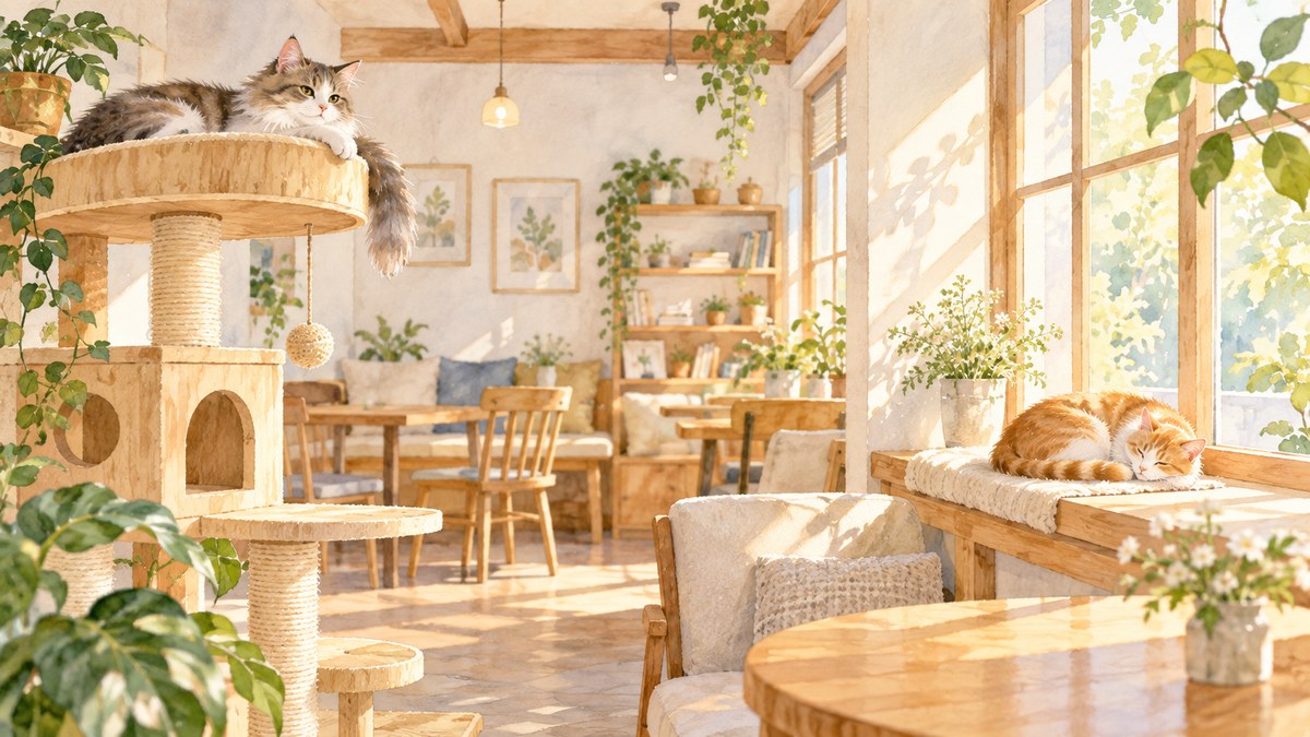 水彩画で描いた猫カフェの店内。キャットタワーの上の猫と窓辺の日なたで丸くなる猫