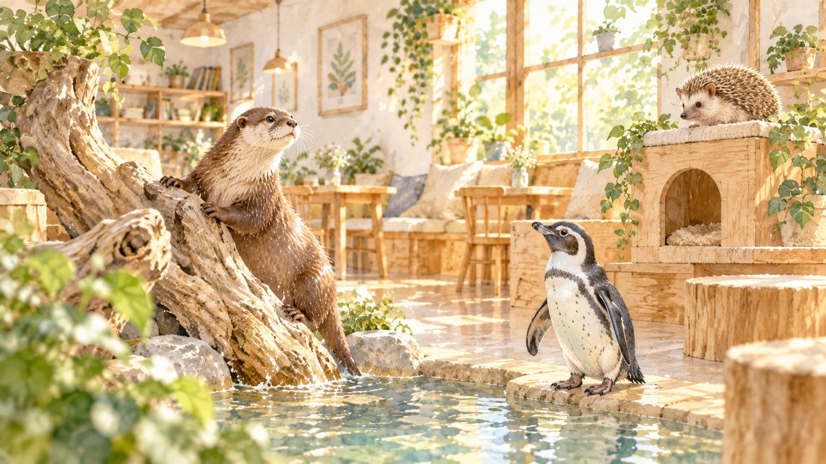 水彩画で描いた動物カフェの室内。流木にのぼるコツメカワウソと水辺のペンギン、棚の上のハリネズミ